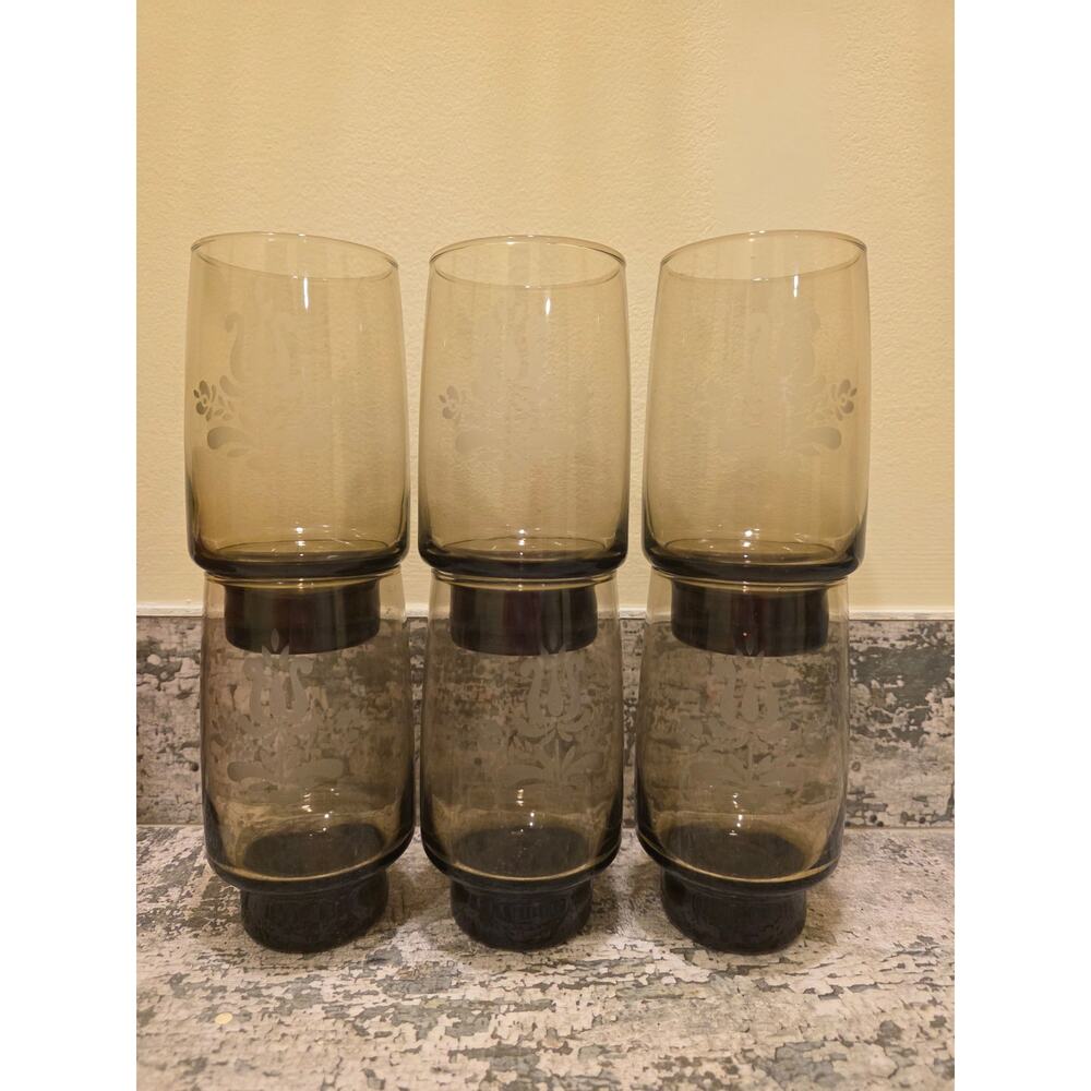 Set of 6 Pfaltzgraff Amber Etched Tumblers  Vintage Smoked Glass Floral Pattern